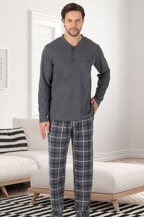 %100 Pamuk Erkek Mevsimlik Uzunkollu Pijama Takım, Altı ekoseli Cep Detaylı, Üst düz renk yuvarlak yaka düğmeli
