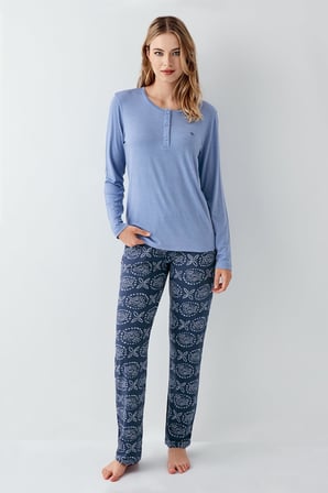 Kadın Koyu indigo Düğmeli Yaka Mevsimlik Pijama Takım, %50 modal %50 pamuk