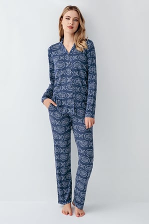 Kadın İndigo Gömlek Yaka Mevsimlik Pijama Takım, %50 modal %50 pamuk