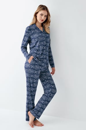 Kadın İndigo Gömlek Yaka Mevsimlik Pijama Takım, %50 modal %50 pamuk