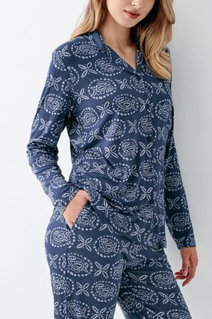 Kadın İndigo Gömlek Yaka Mevsimlik Pijama Takım, %50 modal %50 pamuk