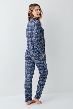 Kadın İndigo Gömlek Yaka Mevsimlik Pijama Takım, %50 modal %50 pamuk