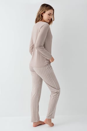 Kadın %100 Pamuklu Pijama Takım, Uzunkol, Cepli, Yazı Baskılı
