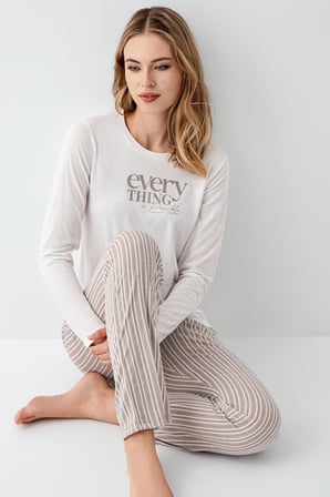 Kadın %100 Pamuklu Pijama Takım, Uzunkol, Cepli, Yazı Baskılı