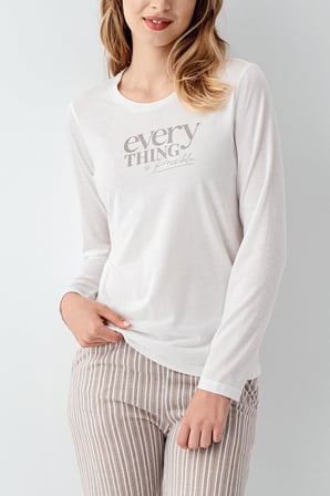 Kadın %100 Pamuklu Pijama Takım, Uzunkol, Cepli, Yazı Baskılı