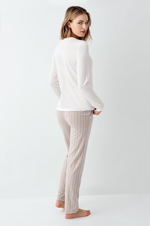 Kadın %100 Pamuklu Pijama Takım, Uzunkol, Cepli, Yazı Baskılı
