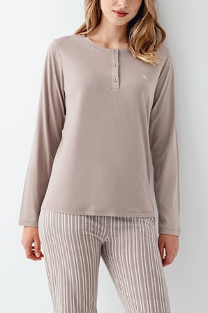 Kadın Vizon Yakası Düğmeli Pijama Takım, Alt Pijama Cepli ve Çizgili, %100 Pamuk