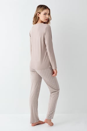 Kadın Vizon Yakası Düğmeli Pijama Takım, Alt Pijama Cepli ve Çizgili, %100 Pamuk
