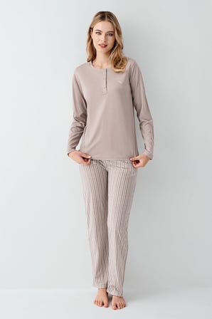 Kadın Vizon Yakası Düğmeli Pijama Takım, Alt Pijama Cepli ve Çizgili, %100 Pamuk