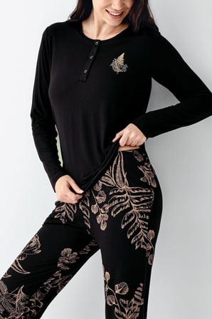 Kadın Modal Pamuk Yakası Düğmeli Pijama Takım, Alt Pijama Cepli ve desenli