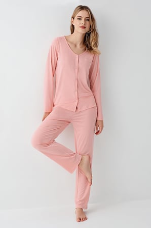 Kadın Gömlek Pijama Takım, Geniş Yakalı, %50 Modal %50 Pamuk