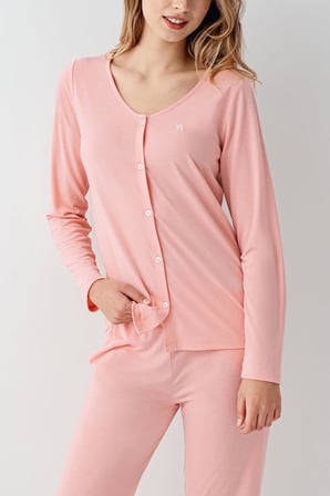 Kadın Gömlek Pijama Takım, Geniş Yakalı, %50 Modal %50 Pamuk