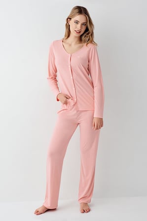 Kadın Gömlek Pijama Takım, Geniş Yakalı, %50 Modal %50 Pamuk