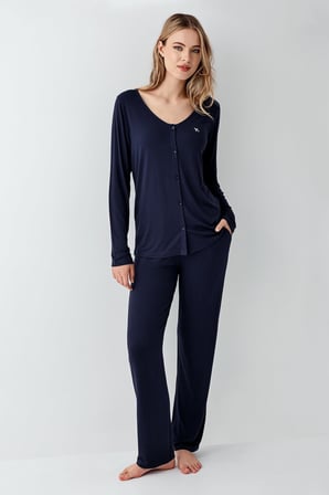 Kadın Gömlek Pijama Takım, Geniş Yakalı, %50 Modal %50 Pamuk