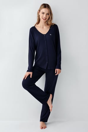 Kadın Gömlek Pijama Takım, Geniş Yakalı, %50 Modal %50 Pamuk