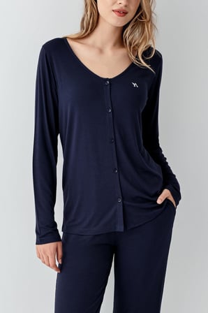 Kadın Gömlek Pijama Takım, Geniş Yakalı, %50 Modal %50 Pamuk