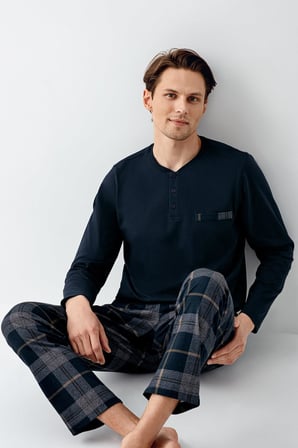 Erkek Lacivert %100 Pamuklu Pijama Takım