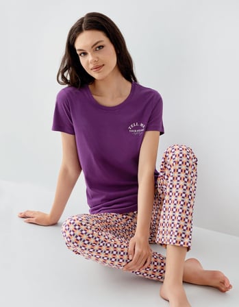 Kadın Mor Baskılı Pijama Takımı – %50 Pamuk %50 Modal, Desenli Alt, Büyük Beden Seçenekli