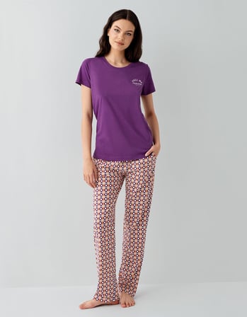 Kadın Mor Baskılı Pijama Takımı – %50 Pamuk %50 Modal, Desenli Alt, Büyük Beden Seçenekli