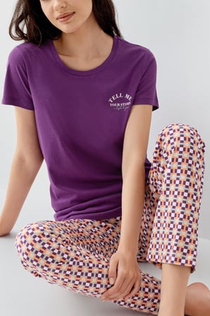Kadın Mor Baskılı Pijama Takımı – %50 Pamuk %50 Modal, Desenli Alt, Büyük Beden Seçenekli