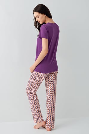 Kadın Mor Baskılı Pijama Takımı – %50 Pamuk %50 Modal, Desenli Alt, Büyük Beden Seçenekli
