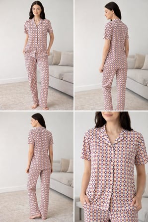 Kadın Desenli Düğmeli Gömlek Yaka Pijama Takımı – %50 Pamuk %50 Modal, Üst Kısa Kollu, Cepli Uzun Alt