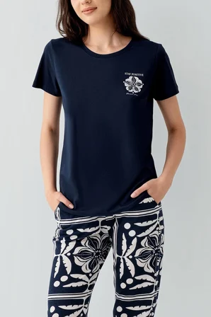 Kadın Modal Pijama Takımı %50 Pamuk %50 Modal – Kısa Kollu Üst & Desenli Alt, Ev Giyimi