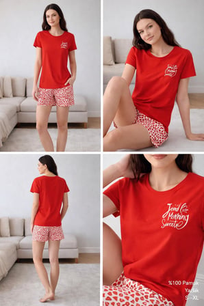 Kadın Kırmızı Şortlu Pijama Takımı – %100 Pamuk, Kalpli Desen, Kısa Kollu Yazlık Ev Giyimi