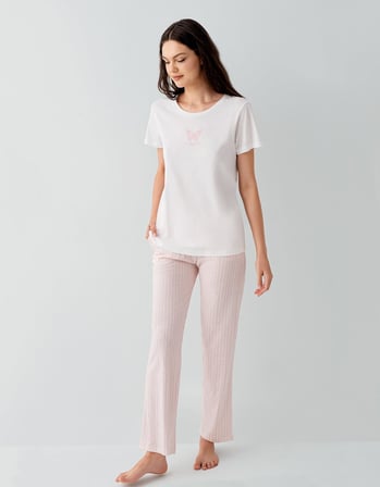 Kadın Yazlık %50 Pamuk %50 Modal Pijama Takımı – Kısa Kollu, Çizgili Alt, Rahat Ev Giyimi
