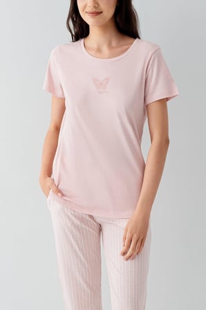 Kadın Yazlık %50 Pamuk %50 Modal Pijama Takımı – Kısa Kollu, Çizgili Alt, Rahat Ev Giyimi