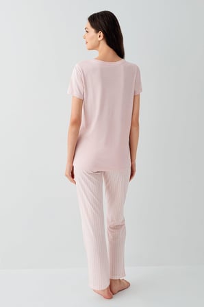 Kadın Yazlık %50 Pamuk %50 Modal Pijama Takımı – Kısa Kollu, Çizgili Alt, Rahat Ev Giyimi