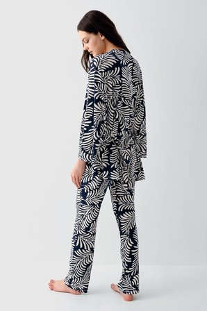 Kadın 3’lü Desenli Pijama & Ev Giyim Seti – Dantelli Bralet Sütyen , Pantolon ve Sabahlık, %50 Pamuk %50 Modal