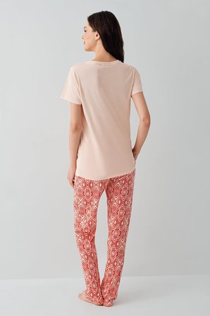 Kadın %50 Pamuk %50 Modal Kısa Kollu Pijama Takımı – Yumuşak Dokulu, Desenli Alt, Rahat Kalıp