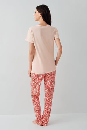 Kadın %50 Pamuk %50 Modal Kısa Kollu Pijama Takımı – Yumuşak Dokulu, Desenli Alt, Rahat Kalıp