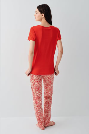 Kadın %50 Pamuk %50 Modal Kısa Kollu Pijama Takımı – Yumuşak Dokulu, Desenli Alt, Rahat Kalıp