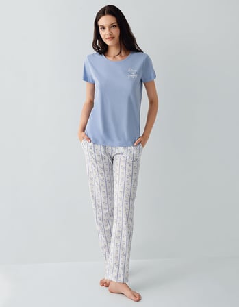 Kadın %50 Pamuk %50 Modal Kısa Kollu Pijama Takımı – Yumuşak Dokulu, Rahat Kesim, Büyük Beden Seçenekli