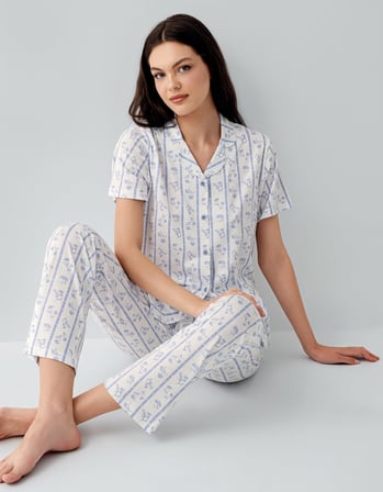 Kadın %50 Pamuk %50 Modal Düğmeli Pijama Takımı – Kısa Kollu, Uzun Paça, Yumuşak Dokulu Ev Giyimi