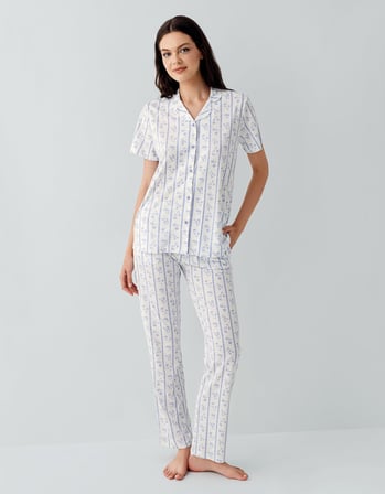 Kadın %50 Pamuk %50 Modal Düğmeli Pijama Takımı – Kısa Kollu, Uzun Paça, Yumuşak Dokulu Ev Giyimi