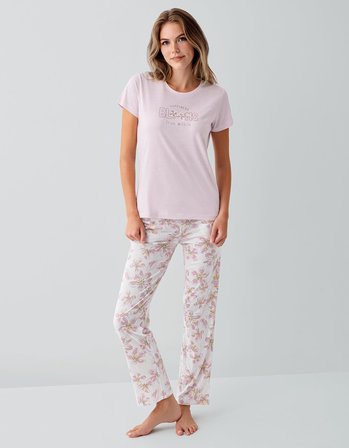 Kadın %50 Pamuk %50 Modal Baskılı Pijama Takımı – Kısa Kollu, Uzun Paça, Yumuşak Dokulu, Büyük Beden Seçenekli