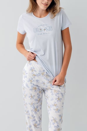 Kadın %50 Pamuk %50 Modal Baskılı Pijama Takımı – Kısa Kollu, Uzun Paça, Yumuşak Dokulu, Büyük Beden Seçenekli