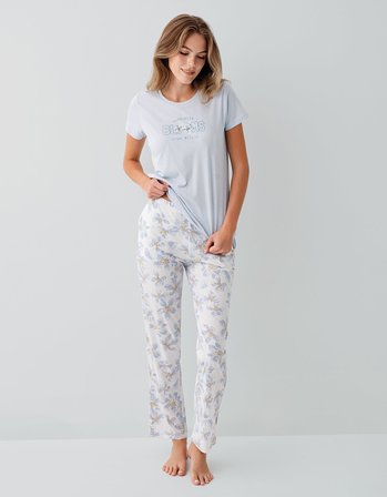 Kadın %50 Pamuk %50 Modal Baskılı Pijama Takımı – Kısa Kollu, Uzun Paça, Yumuşak Dokulu, Büyük Beden Seçenekli