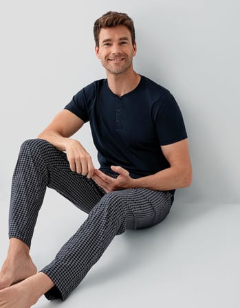 Erkek Lacivert Yazlık %100 Pamuk Pijama Takımı – Cepli,Büyük Bedenli, Nefes Alan, Rahat Kesim, Günlük Konfor