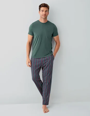 Erkek %100 Pamuk Kısa Kollu Pijama Takımı – Cepli Çizgili Alt, Kısakol Üst, Rahat Kalıp