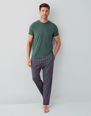 Erkek %100 Pamuk Kısa Kollu Pijama Takımı – Cepli Çizgili Alt, Kısakol Üst, Rahat Kalıp
