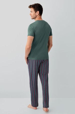 Erkek %100 Pamuk Kısa Kollu Pijama Takımı – Cepli Çizgili Alt, Kısakol Üst, Rahat Kalıp