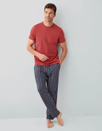 Erkek %100 Pamuk Kısa Kollu Pijama Takımı – Cepli Çizgili Alt, Kısakol Üst, Rahat Kalıp