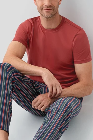 Erkek %100 Pamuk Kısa Kollu Pijama Takımı – Cepli Çizgili Alt, Kısakol Üst, Rahat Kalıp