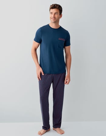 Erkek %100 Pamuk Pijama Takımı – Kısa Kollu Cepli T-Shirt & Desenli Uzun Pijama Altı
