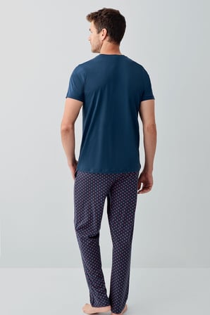 Erkek %100 Pamuk Pijama Takımı – Kısa Kollu Cepli T-Shirt & Desenli Uzun Pijama Altı
