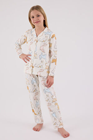 Anne Kız Gömlek Pijama Kombini, Kedili Pijama, Anne ve Çocuk Pijamalar Ayrı Ayrı Fiyatlandırılır